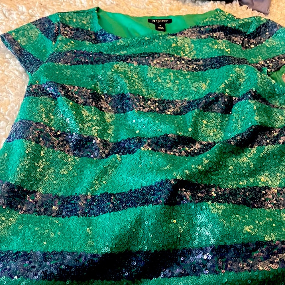 I ❤️ RONSON sequinned top green and blue stripe size medium polyester